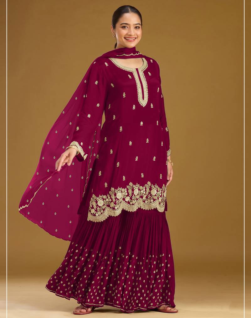 Cherry color embroideried faux georgette semi stitched salwar suit