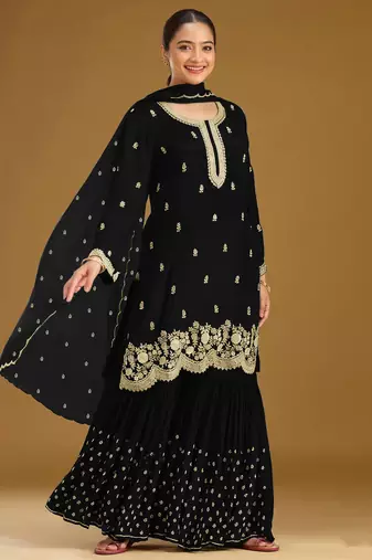 Black color embroideried faux georgette semi stitched salwar suit