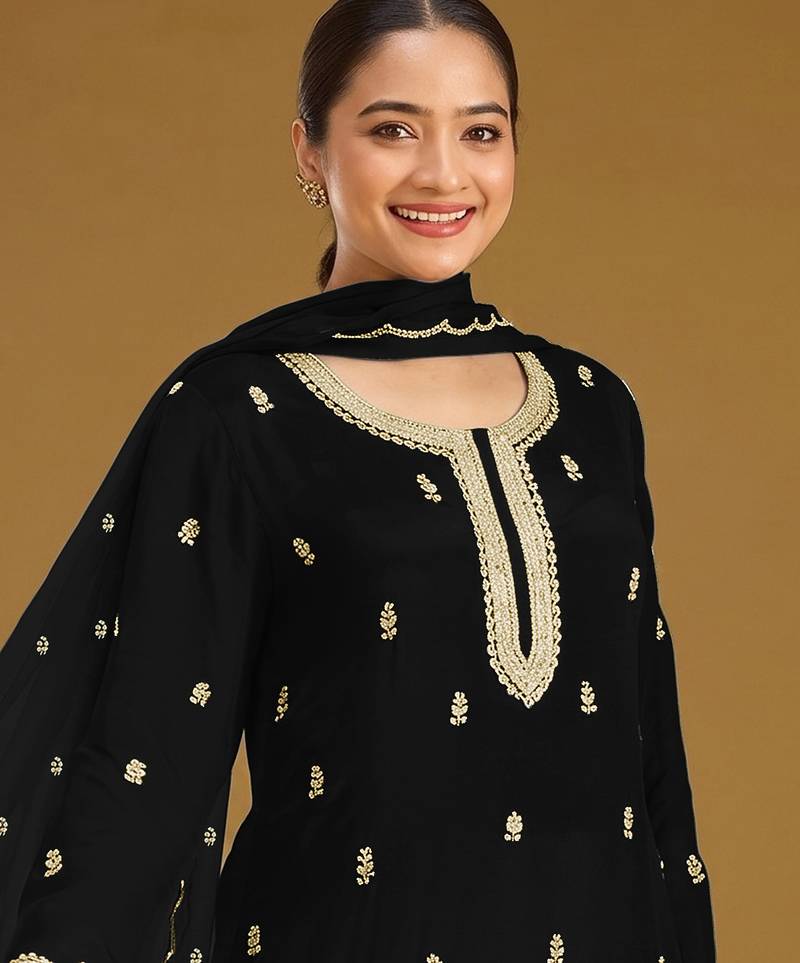 Black color embroideried faux georgette semi stitched salwar suit