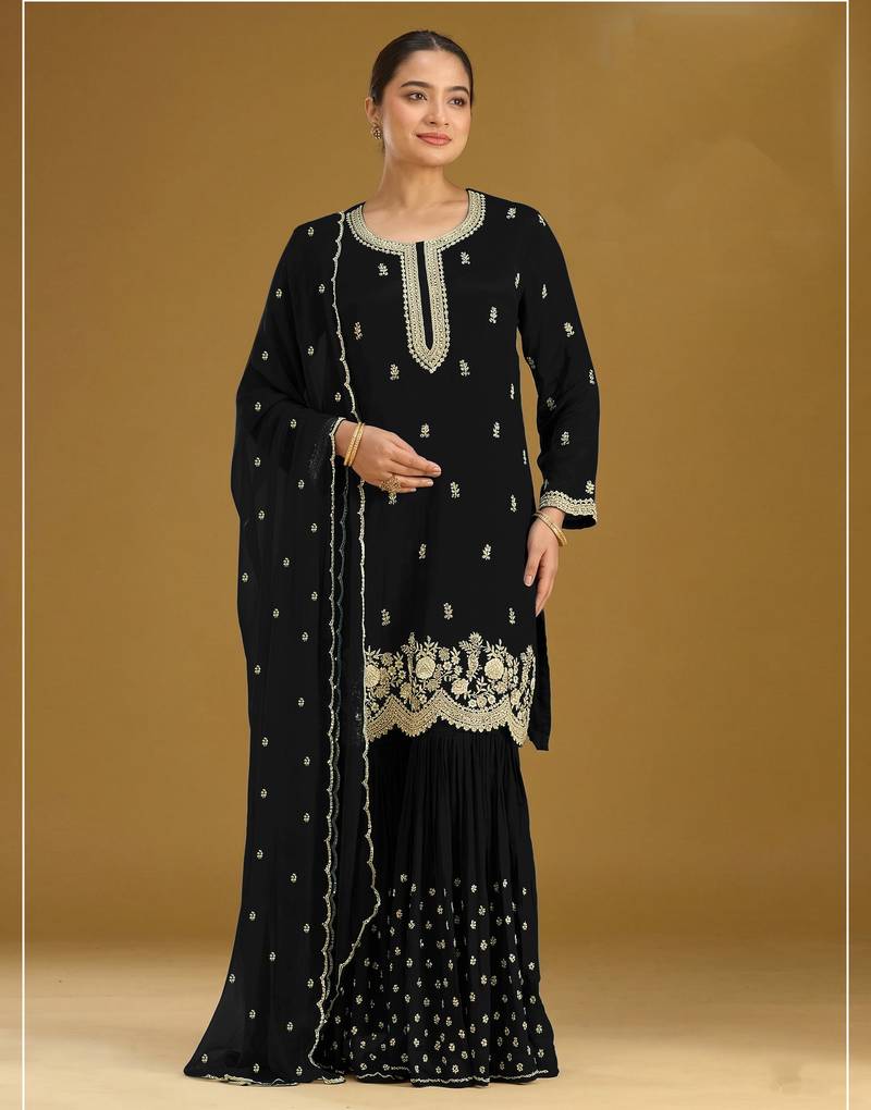 Black color embroideried faux georgette semi stitched salwar suit