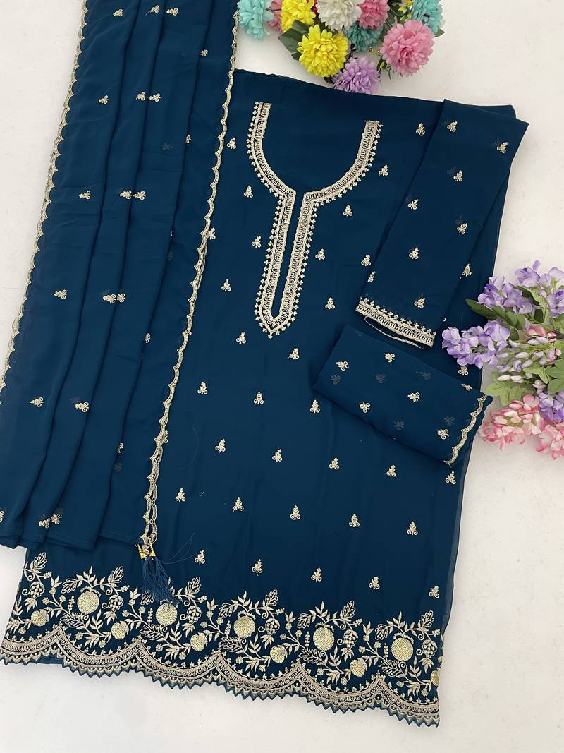 Morpich color embroideried faux georgette semi stitched salwar suit