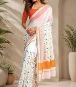white chanderi cotton floral printed ready to wear saree
