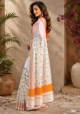 white chanderi cotton floral printed ready to wear saree 2