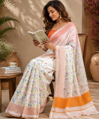 white chanderi cotton floral printed ready to wear saree 4