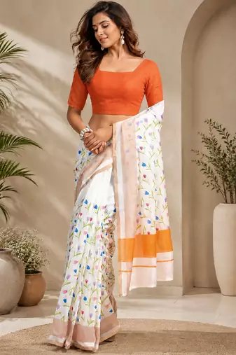 white chanderi cotton floral printed ready to wear saree