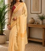pastel yellow chanderi cotton plain printed pre draped saree