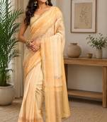 cream chanderi cotton plain printed pre-stitched saree