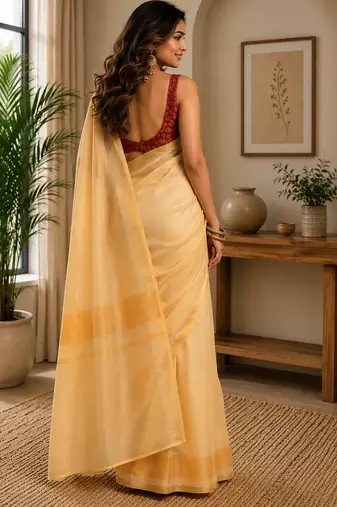 pastel yellow chanderi cotton plain printed pre draped saree