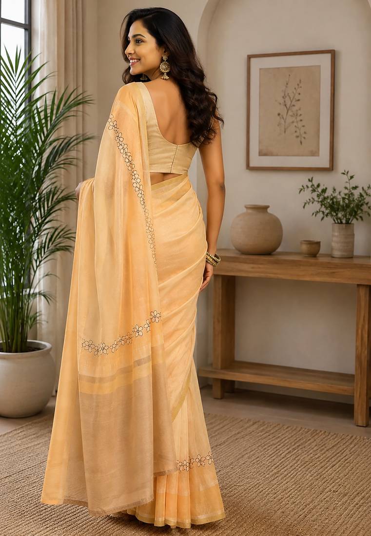 cream chanderi cotton plain printed pre-stitched saree