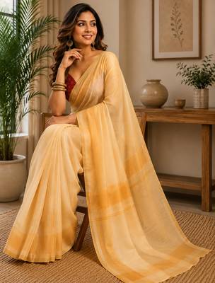 pastel yellow chanderi cotton plain printed pre draped saree 3