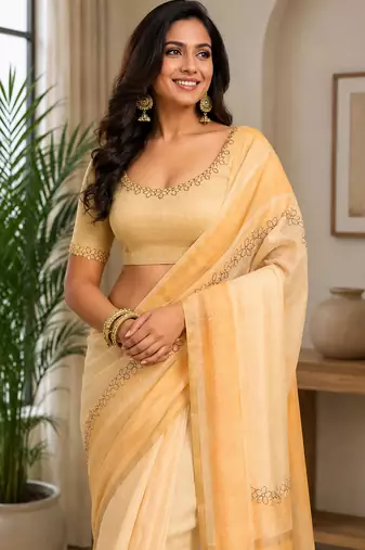cream chanderi cotton plain printed pre-stitched saree