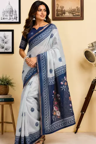 off white & navy blue chanderi cotton floral butti motifs printed pre draped saree