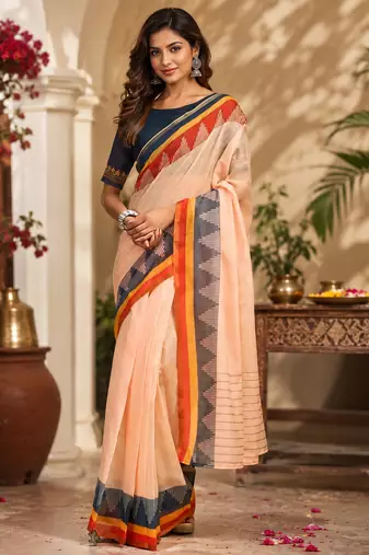 light peach chanderi cotton plain printed ready made saree