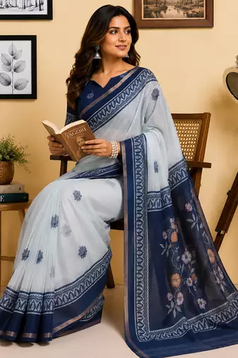 off white & navy blue chanderi cotton floral butti motifs printed pre draped saree