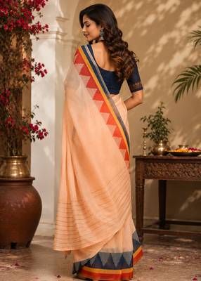 light peach chanderi cotton plain printed ready made saree 3