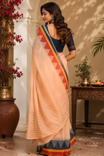 light peach chanderi cotton plain printed ready made saree
