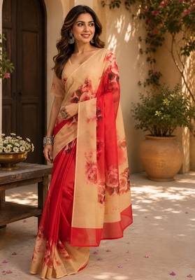 multicolor chanderi cotton large rose floral printed pre-stitched saree 1