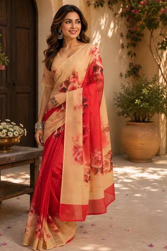 multicolor chanderi cotton large rose floral printed pre-stitched saree