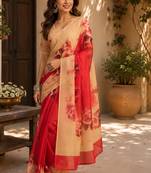 multicolor chanderi cotton large rose floral printed pre-stitched saree