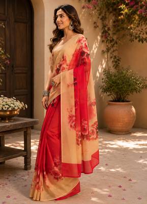 multicolor chanderi cotton large rose floral printed pre-stitched saree 2