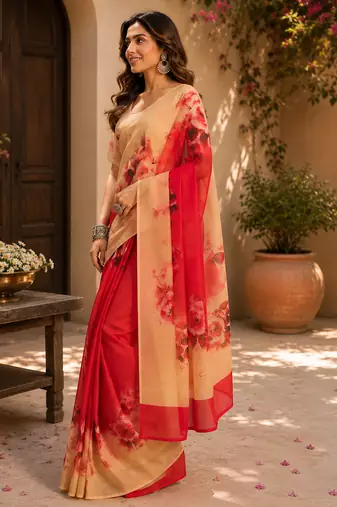 multicolor chanderi cotton large rose floral printed pre-stitched saree