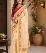 cream chanderi cotton plain printed ready to wear saree