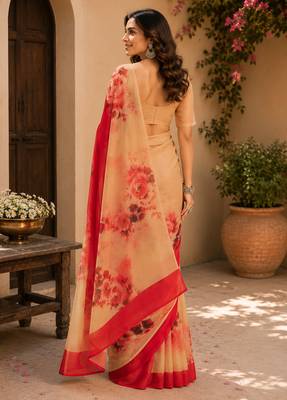 multicolor chanderi cotton large rose floral printed pre-stitched saree 3