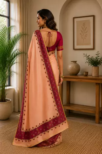 peach chanderi cotton plain printed pre-stitched saree