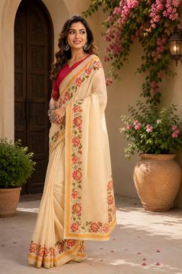 cream chanderi cotton plain printed ready to wear saree 2