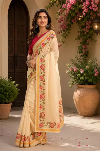 cream chanderi cotton plain printed ready to wear saree