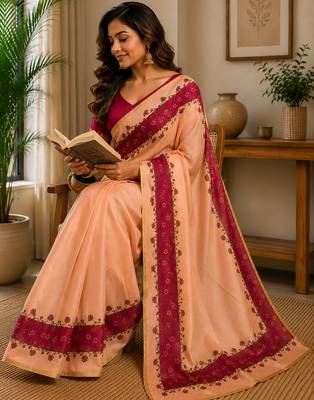 peach chanderi cotton plain printed pre-stitched saree 4