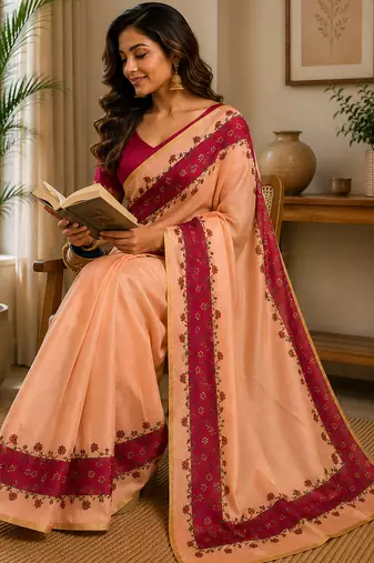 peach chanderi cotton plain printed pre-stitched saree