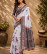 off white chanderi cotton floral printed ready made saree