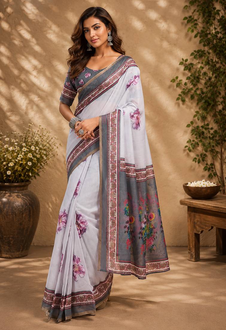 off white chanderi cotton floral printed ready made saree