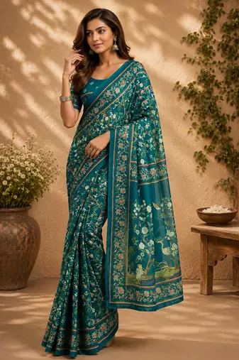 deep teal chanderi cotton floral jaal printed pre-stitched saree