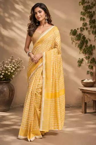 mustard yellow chanderi cotton checkered printed ready to wear saree