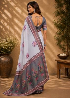 off white chanderi cotton floral printed ready made saree 4