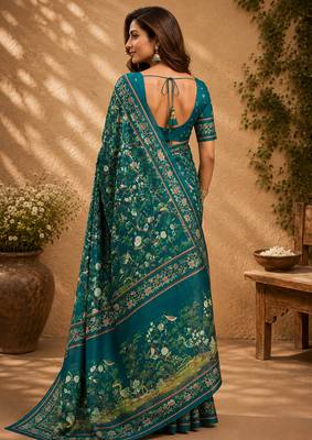 deep teal chanderi cotton floral jaal printed pre-stitched saree 3