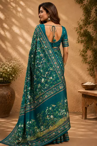 deep teal chanderi cotton floral jaal printed pre-stitched saree