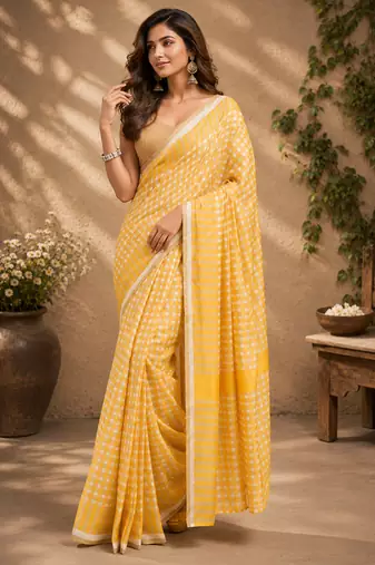 mustard yellow chanderi cotton checkered printed ready to wear saree