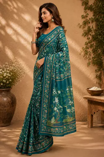 deep teal chanderi cotton floral jaal printed pre-stitched saree