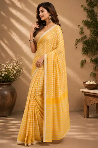 mustard yellow chanderi cotton checkered printed ready to wear saree