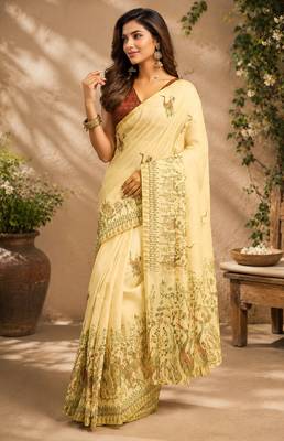 light beige chanderi cotton kalamkari printed pre draped saree 2