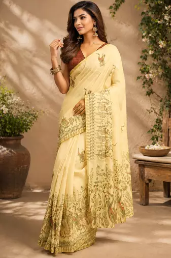 light beige chanderi cotton kalamkari printed pre draped saree