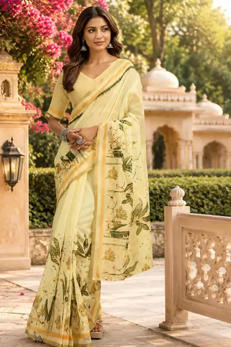 creamy yellow chanderi cotton floral printed ready made saree