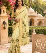 creamy yellow chanderi cotton floral printed ready made saree