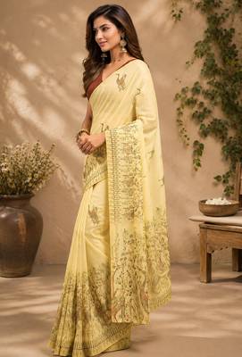light beige chanderi cotton kalamkari printed pre draped saree 4