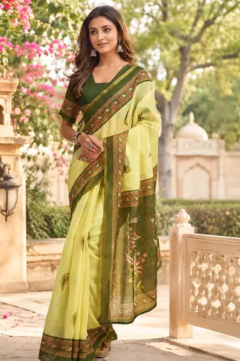 lemon green chanderi cotton motifs printed pre-stitched saree