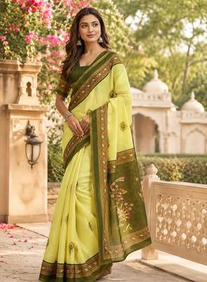 lemon green chanderi cotton motifs printed pre-stitched saree 2