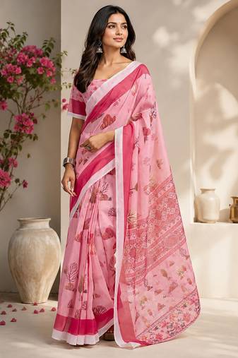baby pink chanderi cotton floral printed ready to wear saree